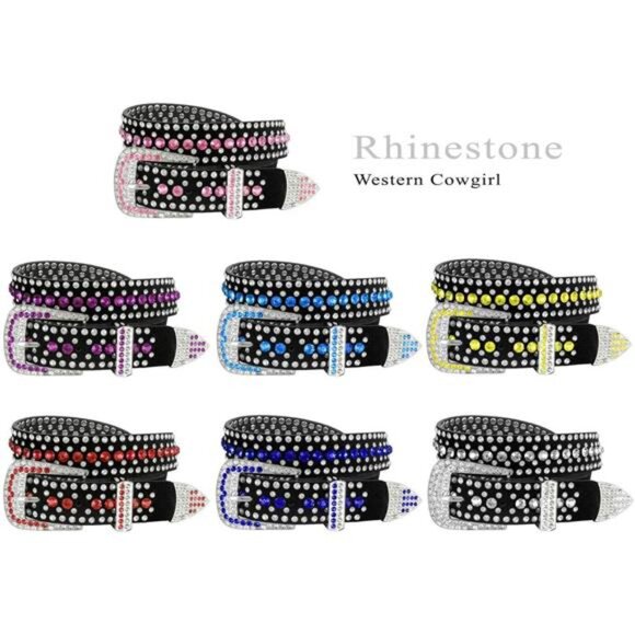 Western Rhinestone Cowgirl Cowboy Bling Studded Suede Leather Belt 1-1/4"(32mm) - Picture 5 of 7